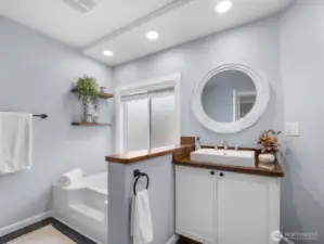 View towards the soaking tub and just across the tub is the shower.