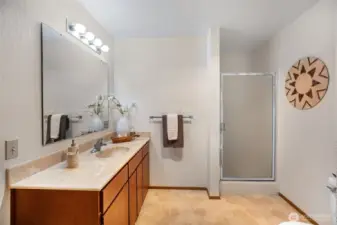 Large, bright bathroom with full tub & 3/4 shower