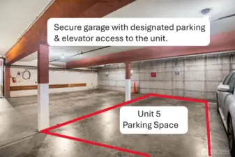 Secure garage with designated parking & elevator access to the unit.  Stay dry, warm & secure whether you're coming & going all year round.