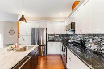 Designer white cabinetry, plenty of storage, stainless steel appliances that stay