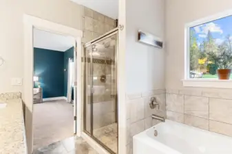 Deep soaking tub and separate shower with durable tile and stone