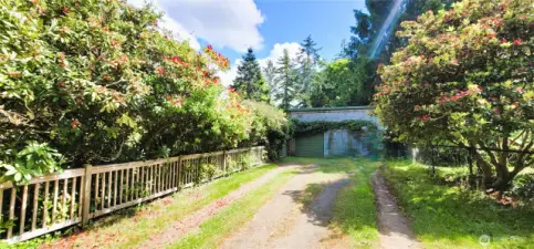 Private and practical, this driveway welcomes you home with lush landscaping and thoughtful design. Flanked by flowering shrubs and a forested backdrop, it leads to a spacious garage with charming green doors—blending function and curb appeal in this serene retreat.