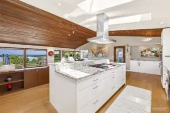 White Persa granite countertop on kitchen island.
