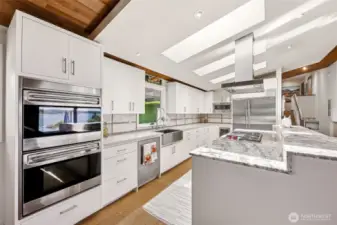 Top of the line appliances, Argento quartz cabinet countertop with Industrial Glass backsplash