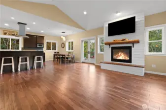Upper level Great room concept with living, dining, kitchen combo Gas fireplace