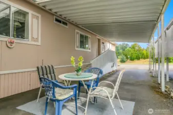 Another view of the covered dining area and carport. Entry leading to front door offers two sets of stairs (Regular height and shorter height).