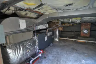 Furnace and water heater in oversized crawl space with concrete floor.