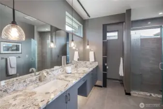 Primary bath double sink vanity, spacious tiled shower and undercounter lighting, together with indirect lighting.