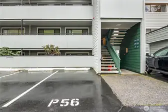 Two parking spaces.  #56 right next to staircase.