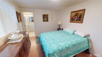 The primary bedroom is large, with great lighting, a view to the back yard, and a 3/4 bath.