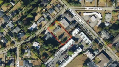 Aerial view with property lines.