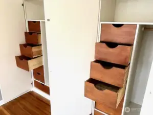Closets have pull-out drawers