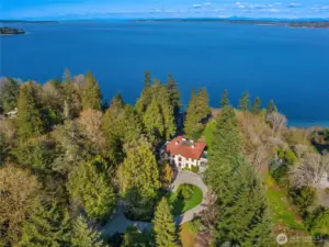Aerial view of house and Puget sound beyond