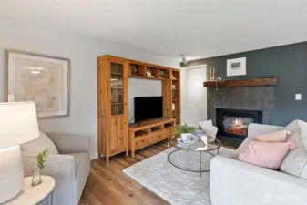 Electric fireplace for ambience and warming.