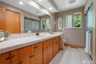The guest bath has been upgraded with new tile flooring, lighting, and new tile shower. There is plenty of storage in this bathroom.