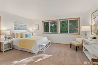 Upstairs the primary suite features a gas fireplace, walk-in closet and full attached bathroom with separate shower, soaking tub, double vanity and toilet closet.