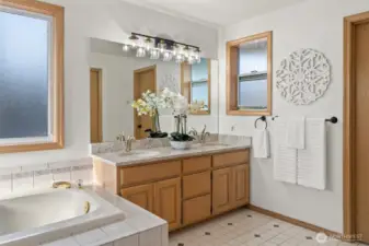Primary bathroom (light fixture being replaced soon).