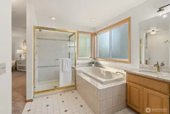 Full attached primary bathroom with separate shower, soaking tub, double vanity and toilet closet.