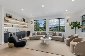 Breath-taking Living Room with City View & Custom Bar with 2 Beverage Cooler
