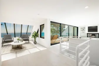 Upstairs Primary Suite facing direct views of San Juans, beachfront and 180 degree