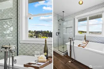Free standing soaking tub, gorgeous material selections.