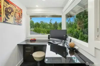 Secret office with heated floors and motorized blinds.