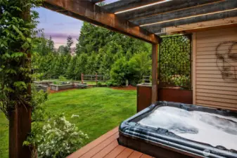 Hot tub overlooks the gardens.