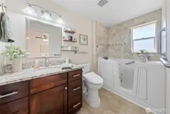 Beautiful bathroom with sit/ stand tub.
