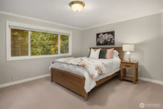 Upper level bedroom number three connects to a dual access, full size bathroom.