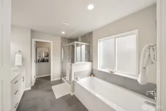 Primary bath with oversized long soaking tub