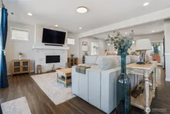 Tile fireplace. Large living room.