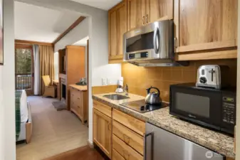 Undercounter fridge, 2 burner range, convection/microwave oven and sink...we're covered.