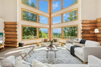 Impressive 2 story living room with cathedral ceilings & walls of glass that frame the idyllic haven beyond