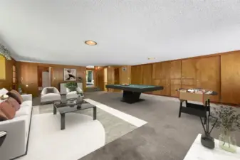 Recreation room with original wood closets and built in drawers.Virtually staged.