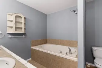 Large soaking tub and shower/needs shower curtain.