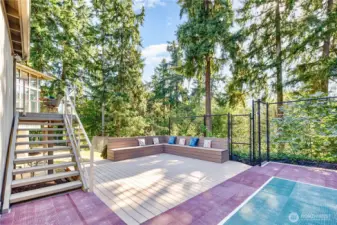Expansive flat yard with athletic court w/ built-in TREX deck & seating.