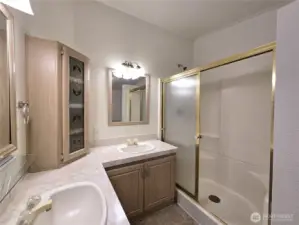 Primary bath featuring a walk-in shower with built-in seating and storage shelves, plus a dual sink vanity.