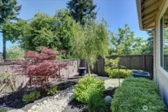 Beautifully landscaped back yard features another deck for quiet, peaceful enjoyment.