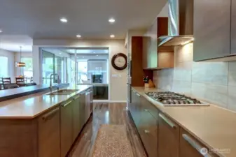 View of kitchen from garage door.