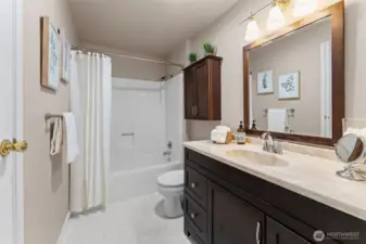 Nene bathroom with full-size  shower, bathtub and large vanity
