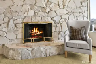 Rare White stone from Eastern Washington surrounds cozy fireplace