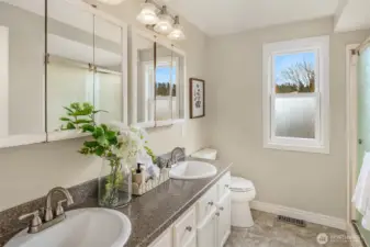 Primary bathroom offers double sinks and great countertop space!