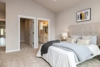 Primary ensuite has large walk-in closet, d tile floor & tile shower in primary bath.  Comfort height toilet, dual sinks, taller cabinets & quartz countertops.