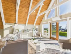 The family room features custom blinds that offer the flexibility of a light-filled space or a cozy, shaded atmosphere.