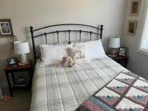 This bright main-floor second bedroom offers newer carpet and custom blinds for a cozy, updated feel.