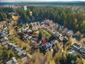 Home faces natural Rain Garden Detention Pond area. Drone view shows proximity to the central community park.