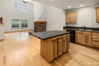 Kitchen island provides eating space and storage.