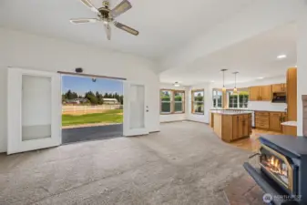 Family room with views of the patrue and Mt. Views