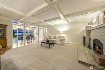 The original Club House of Three Tree Point meeting room with fireplace, large family room and then the dining space.