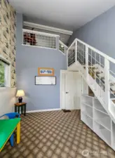 Another view of the 3rd bedroom on the main floor and look up.....See the loft and play area.  There is also great attic space for decorations, luggage and more.